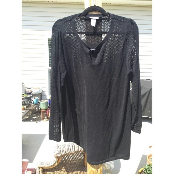 Catherines Womens Sweater Size XL 1X  Black Open Knit Cotton Fall Mesh Lace Work - Picture 1 of 10